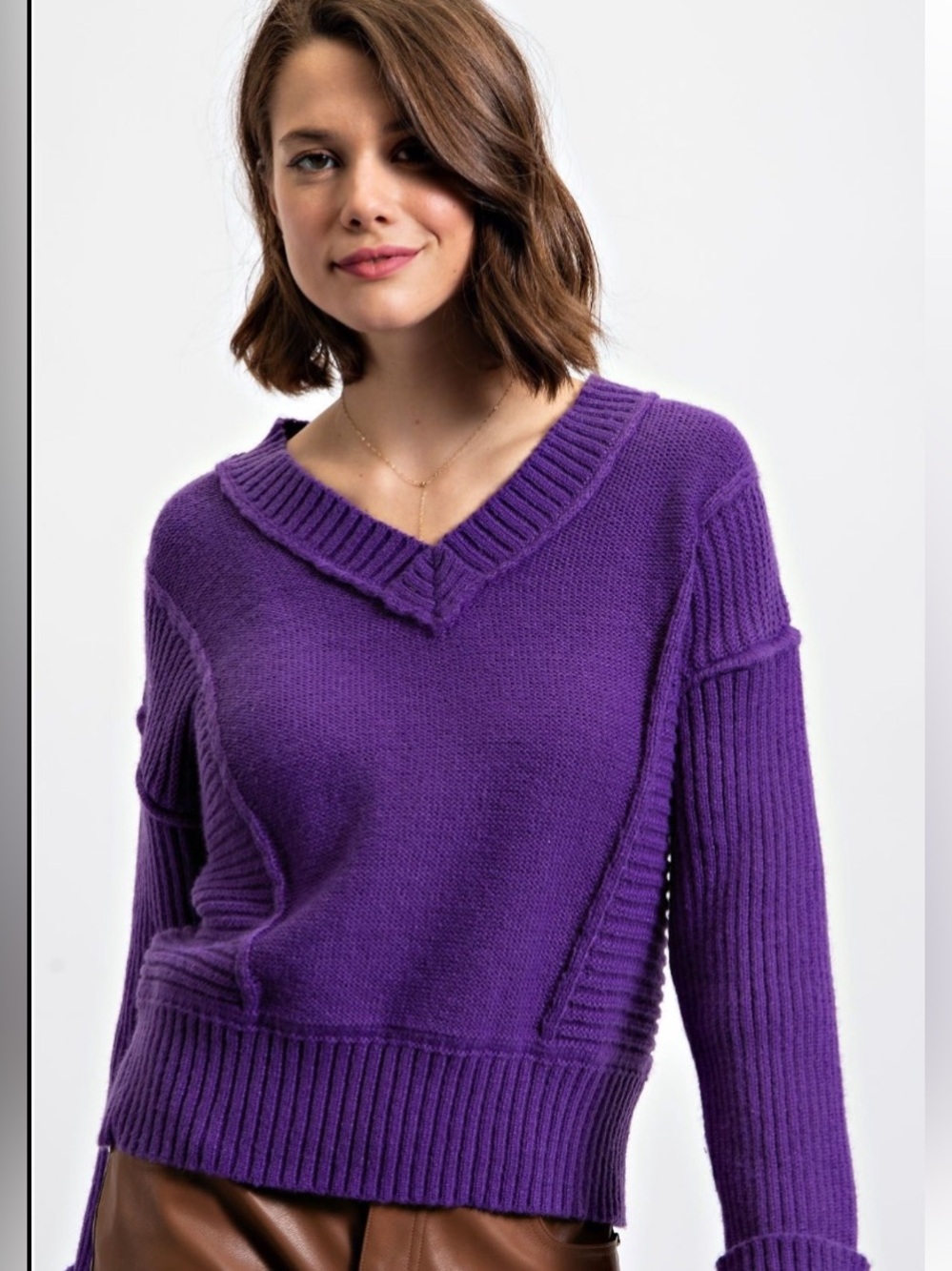 easel Deep Purple V-Neck Ribbed Knit Sweater
